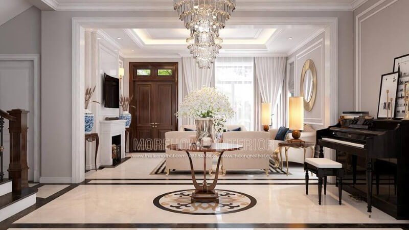 Sắp xếp nội thất phòng khách tân cổ điển có đàn piano đẹp, sang trọng tại biệt thự Palm Garden. Thiết kế nội thất phòng khách nhà phố
