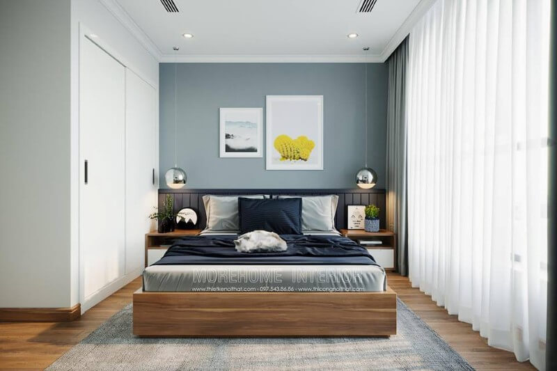 Không gian phòng ngủ bố mẹ được thiết kế đơn giản với 2 gam màu chủ đạo đó là màu trắng và nâu tây, hài hòa, trang nhã. Thiết kế chung cư