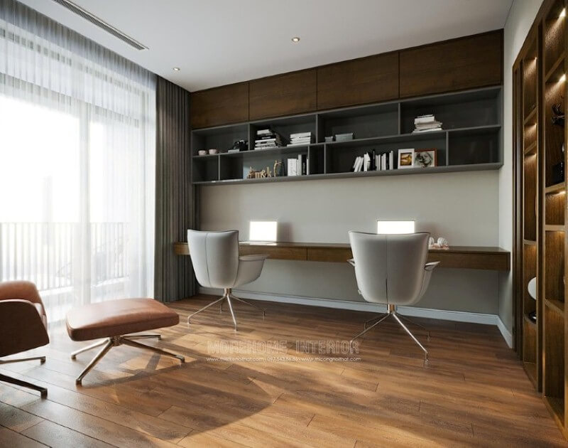 Kệ để đồ với nhiều ngăn sẽ là lựa chọn giúp bạn lưu trữ đồ một cách khoa học trong phòng học. Thiết kế nội thất biệt thự