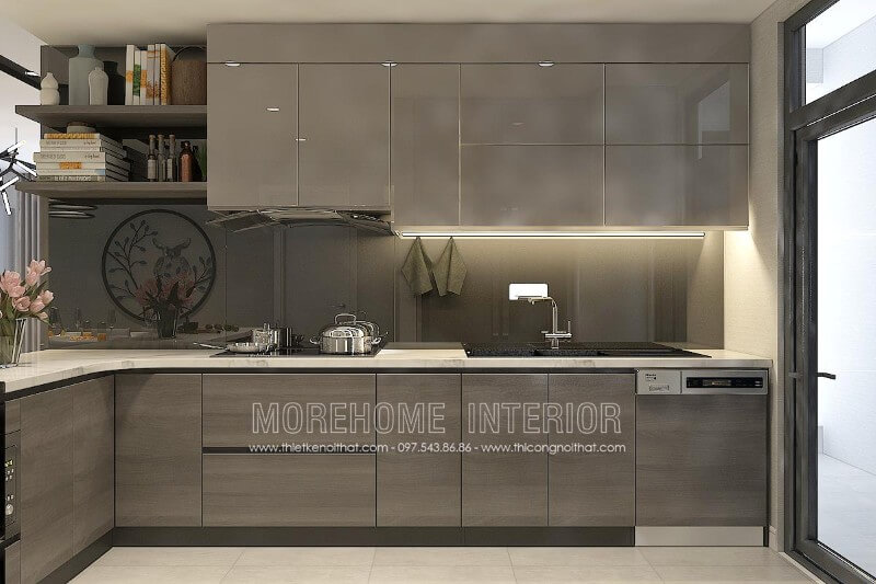 Nhằm tăng tính sang trọng cũng như độ bền,nhiều gia chủ lựa chọn sử dụng tủ bếp hiện đại kết hợp tủ Acrylic ở trên và tủ Laminate ở dưới Tủ bếp hiện đại đẹp