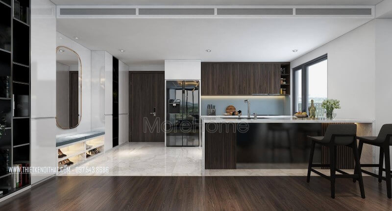Trang trí nội thất phòng bếp chung cư hiện đại với nội thất nhà bếp đa năng, tiện nghi Thiết kế phòng bếp chung cư