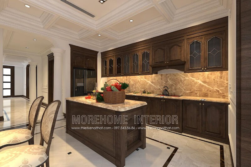 Mẫu tủ bếp gỗ óc chó đẹp được hoàn thiện bởi Morehome luôn phù hợp mọi không gian sang trọng và đẳng cấp như chung cư, biệt thự cao cấp Tủ bếp chung cư