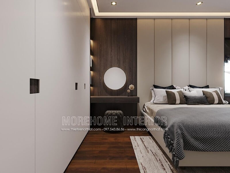 Thiết kế nội thất phòng ngủ đẹp với gỗ ốp tường vân óc chó sang trọng. Thiết kế nội thất phòng ngủ biệt thự