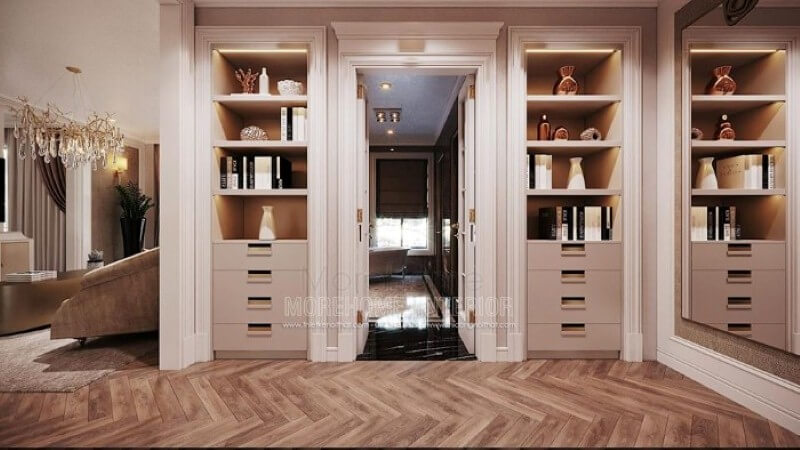 Sắp xếp nội thất phòng ngủ master có tủ, kệ đựng đồ đẹp, độc đáo với nhiều ngăn đựng và ô đựng hở. Thiết kế nội thất phòng ngủ biệt thự