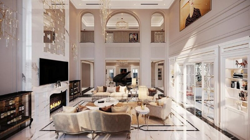 Bố trí nội thất biệt thự Vinhomes Imperia Hải Phòng ấn tượng với phòng khách thông tầng đẹp, sang trọng. Thiết kế nội thất phòng khách biệt thự