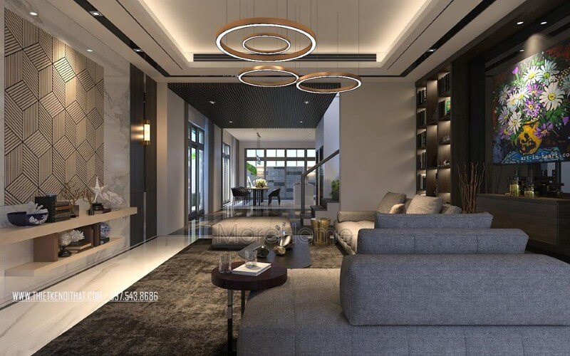 Trang trí tầng 1 đẹp, sang trọng cho nhà phố, biệt thự với ý tưởng thiết kế phòng khách kề phòng ăn theo phong cách hiện đại. Thiết kế nội thất phòng khách biệt thự