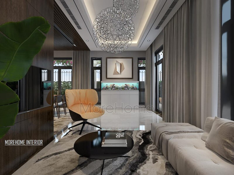 Thảm lông mềm nghệ thuật tạo sự phân chia độc đáo cho phòng khách hiện đại sang trọng. Thiết kế nội thất phòng khách biệt thự