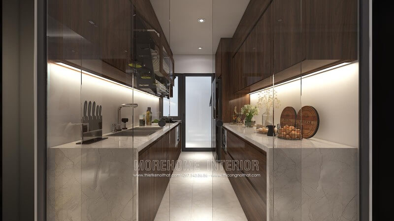 Tủ bếp gỗ công nghiệp kiểu dáng chữ i nhỏ gọn được đặt song song với nhau phù hợp với không gian nhà bếp nhỏ cũng như tạo thuận tiện hơn cho người nấu nướng di chuyển Tủ bếp đẹp, sang trọng và đẳng cấp