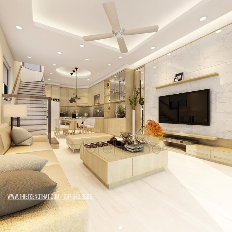 Nội thất phòng khách với tông màu pastel nhẹ nhàng từ gỗ tạo cảm giác dễ chịu và sự tinh tế trong không gian phòng được thoáng rộng hơn. Thiết kế nội thất phòng khách nhà phố