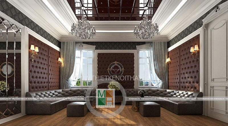 Nội thất sofa tân cổ điển bọc da màu nâu ấn tượng với thiết kế chữ U cho nhà biệt thự Mẫu nội thất biệt thự tân cổ điển