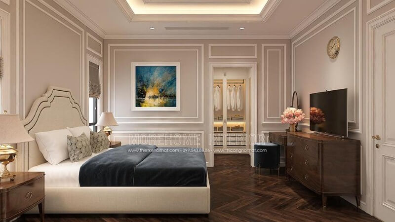 Sắp xếp nội thất phòng ngủ tân cổ điển có tủ quần áo khoa học, phong thủy. Thiết kế phòng ngủ nhà phố