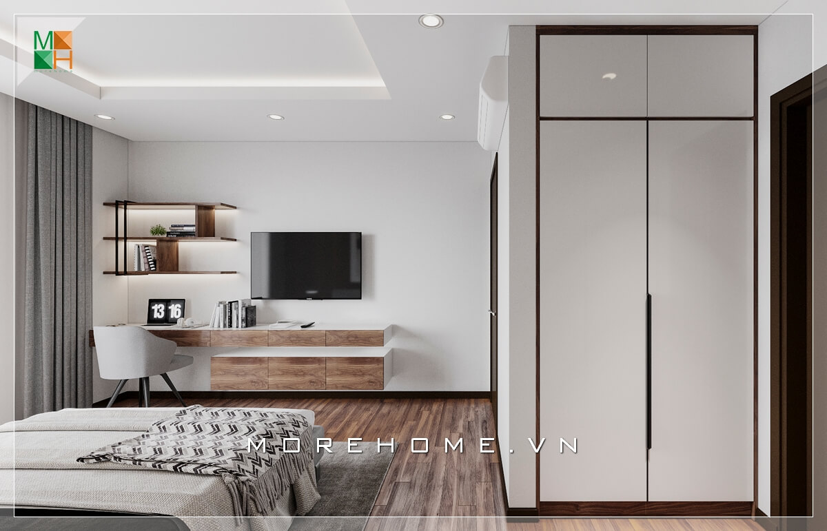 Ấn tượng với kệ tv và kệ trang trí gần tv phòng ngủ rất sáng tạo và độc đáo, tất cả đều sản xuất từ chất liệu chính là gỗ cảm giác rất gần gũi thiên nhiên. Thiết kế phòng ngủ nhà phố