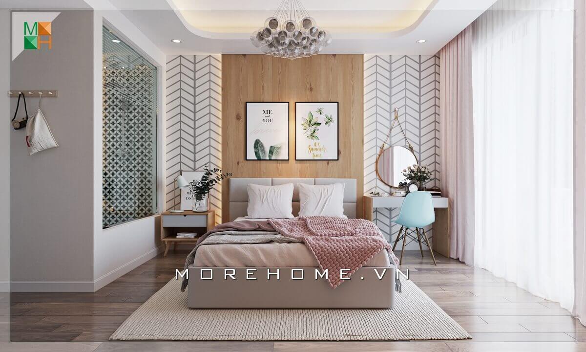 Ấn tượng với gỗ ốp tường giường ngủ rất độc đáo biến căn phòng ngủ trở nên tiện nghi hơn. Thiết kế phòng ngủ nhà phố