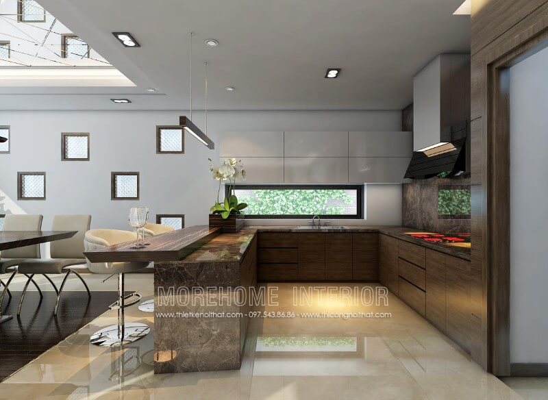 Lựa chọn gam màu óc chó trầm ấn tượng kết hợp màu trắng nhẹ nhàng, mẫu tủ bếp hiện đại tại Hải Phòng mang lại cái nhìn sang trọng và đầy tinh tế, là điểm nhấn độc đáo nổi bật cho cả ngôi nhà Thiết kế và sản xuất tủ bếp đẹp