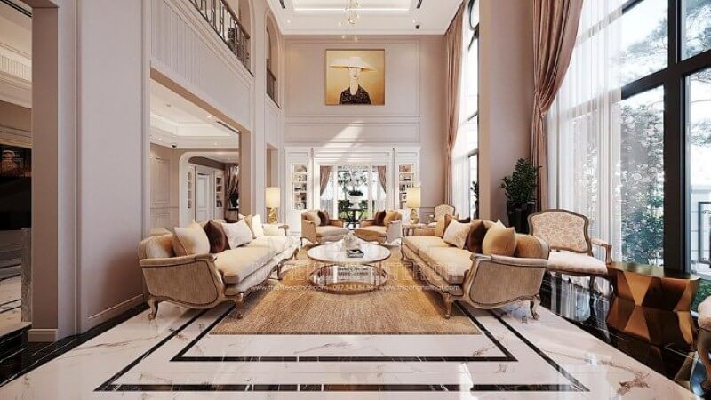 Trang trí nội thất phòng khách thông tầng biệt thự tân cổ điển cao cấp tại Vinhomes Imperia Hải Phòng. Thiết kế nội thất phòng khách nhà phố