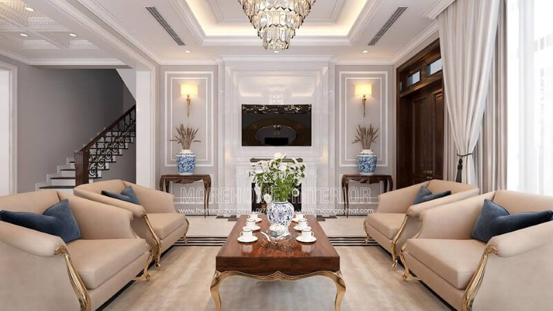 Trang trí nội thất phòng khách tân cổ điển đẹp, sang trọng tại Palm Garden. Thiết kế nội thất phòng khách nhà phố