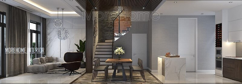 Phối cảnh trang trí hiện đại đẹp cho biệt thự nhà phố với ý tưởng thiết kế phòng khách liền bếp ăn. Thiết kế nội thất phòng khách nhà phố