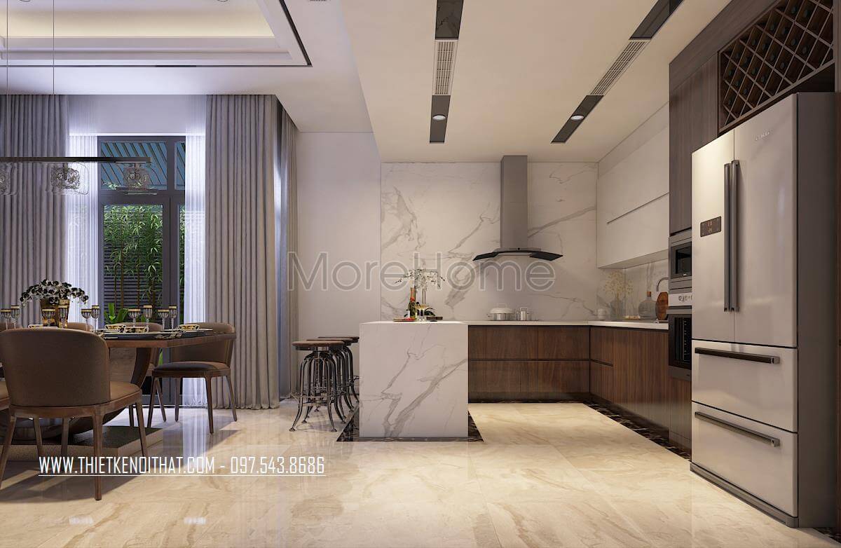 Mẫu tủ bếp gỗ công nghiệp veneer màu nâu chữ L hiện đại là điểm nhấn cho không gian bếp Tủ bếp đẹp, sang trọng và đẳng cấp