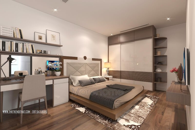 Không gian phòng ngủ tuy nhỏ nhưng với cách bố trí đồ nội thất tối giản của KTS Morehome đã giúp gia chủ có được không gian nghỉ ngơi đầy công năng. Mẫu nội thất chung cư đẹp
