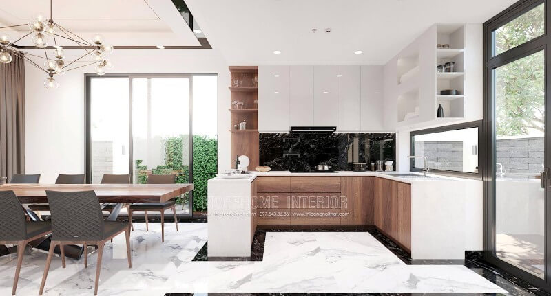 Thiết kế nội thất phòng bếp biệt thự liền kề với khu vực ăn uống tạo sự thuận tiện nhất cho gia chủ Thiết kế nội thất phòng bếp
