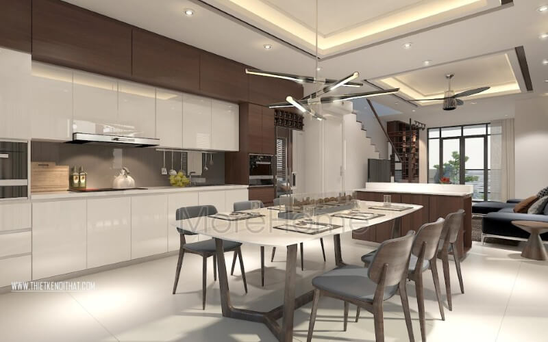 Nội thất phòng bếp với các vật liệu nhẹ như gỗ An Cường và kính cường lực cao cấp giúp không gian nấu nướng trở nên sang trọng và rộng thoáng hơn rất nhiều Thiết kế nội thất phòng bếp