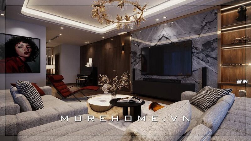 Mẫu thiết kế nội thất phòng khách biệt thự cao cấp với tông màu xám chủ đạo được yêu thích tại MoreHome Thiết kế phòng khách biệt thự