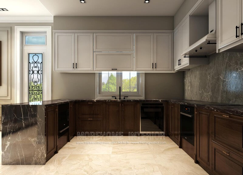 Thiết kế tủ bếp biệt thự song lập Vinhomes RiverSide gỗ tự nhiên Tủ bếp biệt thự