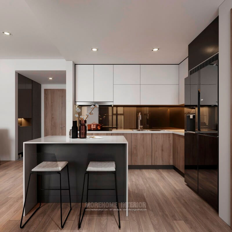 Tủ bếp chung cư gỗ An Cường sang trọng, chiếc bàn đảo chính giữa kết hợp bàn ăn phụ tạo sự thuận tiện nhất cho gia chủ Tủ bếp đẹp, sang trọng và đẳng cấp