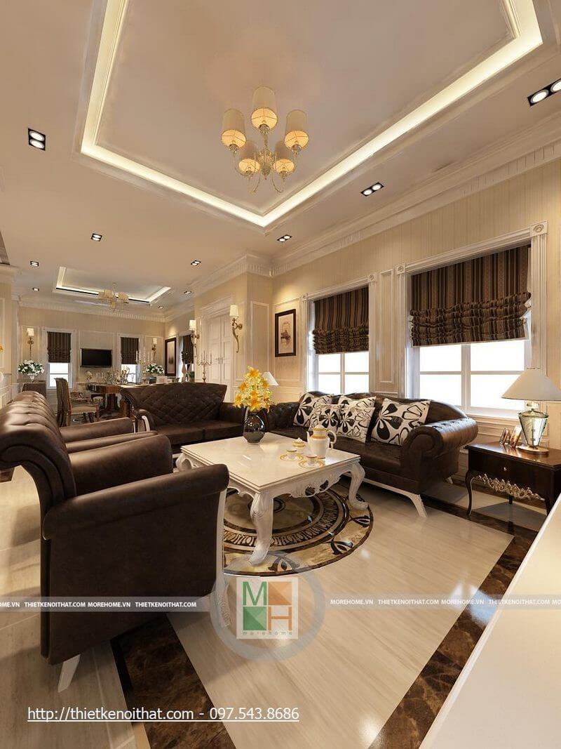 Mẫu sofa tân cổ điển bọc da màu nâu trầm tạo điểm nhấn cho thiết kế phòng khách sang trọng sofa tân cổ điển