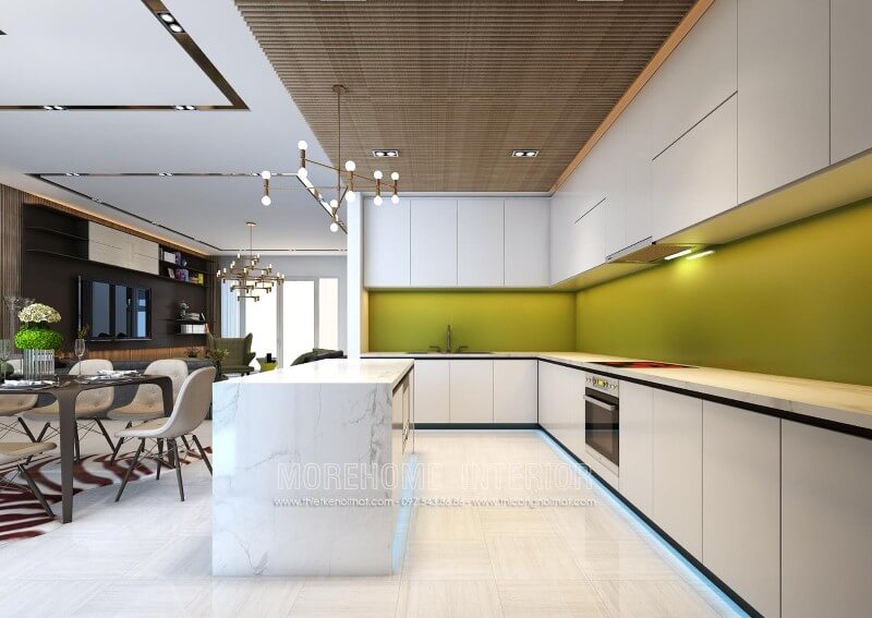 Thiết kế tủ bếp gỗ màu trắng ấn tượng, thiết kế bàn đảo liền kề mang lại sự tinh tế và tiện nghi Thiết kế tủ bếp đẹp