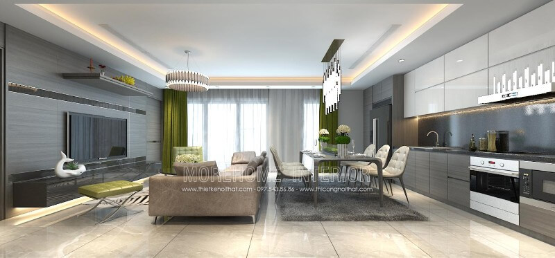 Thiết kế tủ bếp chung cư nhỏ liền kề với không gian sinh hoạt chung khác tạo sự thuận tiện cho gia chủ Thiết kế và sản xuất tủ bếp đẹp