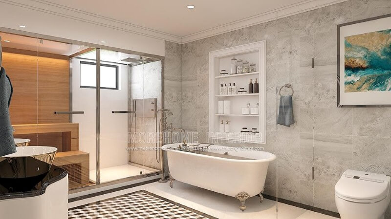 Bố trí nội thất phòng tắm cao cấp có bồn đẹp, sang trọng. Thiết kế nội thất biệt thự