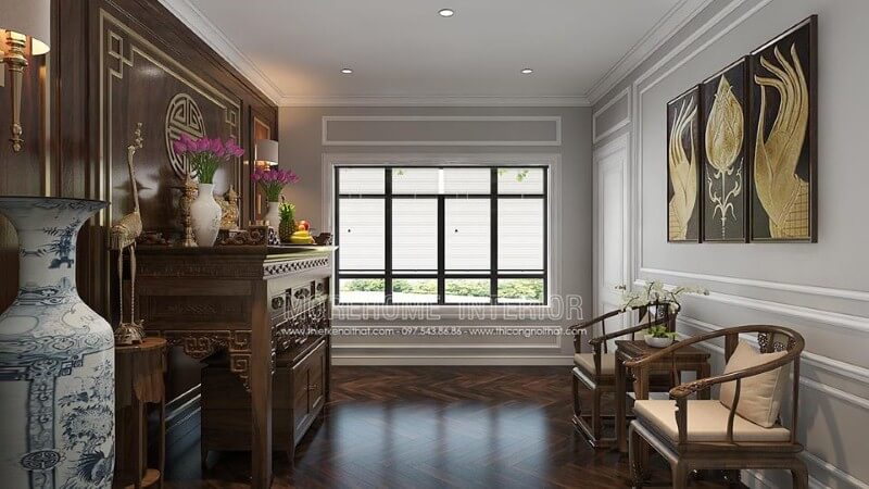 Bố trí nội thất gỗ cao cấp cùng cách phối màu, trang trí tạo nên vẻ đẹp trang nghiệm, sang trọng cho phòng thờ. Thiết kế nội thất biệt thự