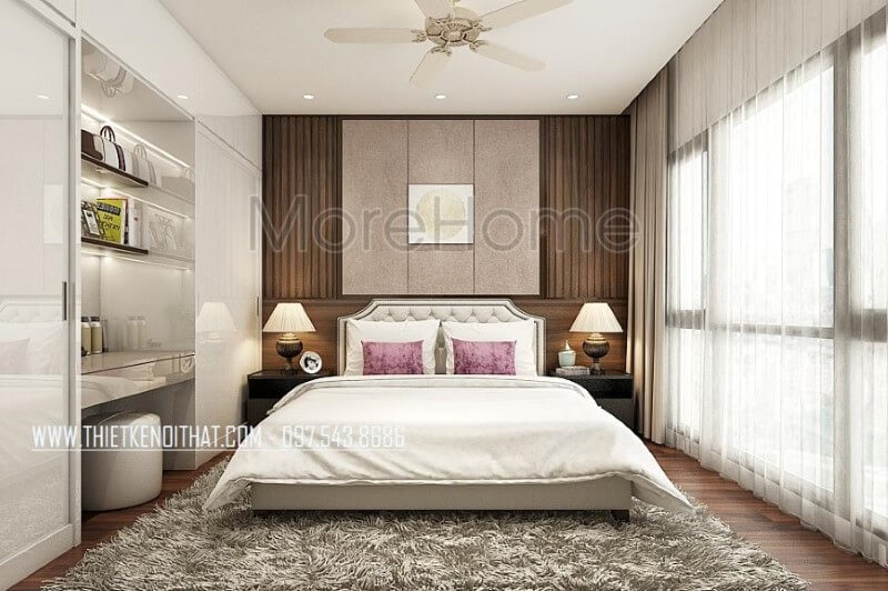 Bố trí nội thất phòng ngủ master sang trọng, độc đáo với giường ngủ hiện đại bọc nệm đẹp, tab đầu giường sắc đen phá cách cùng tường trang trí đẹp mắt. Thiết kế nội thất biệt thự