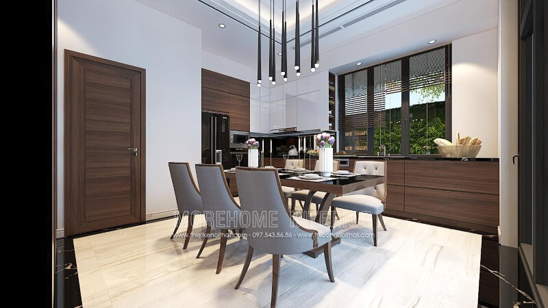 Sử dụng gam màu nâu trầm đóng vai trò chủ đạo, tủ bếp gỗ Veneer được coi là điểm nhấn sang trọng cho cả không gian Tủ bếp đẹp, tủ bếp đẹp hiện đại, tủ bếp An Cường, tủ bếp cao cấp