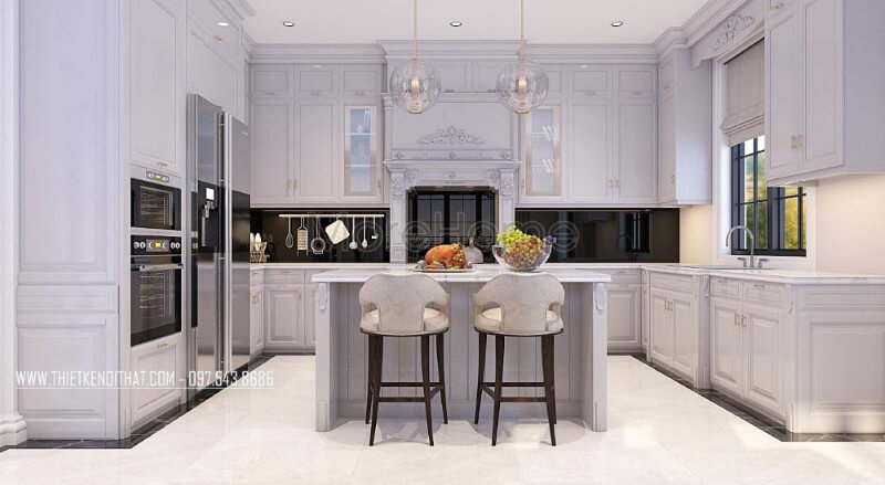 Mẫu tủ bếp biệt thự tân cổ điển được làm từ gỗ tần bì phun sơn màu trắng cao cấp, những nét hoa văn cầu kì, tỉ mỉ tạo nên một không gian cuốn hút mà bất kì ai cũng muốn sở hữu Tủ bếp đẹp, tủ bếp đẹp hiện đại, tủ bếp An Cường, tủ bếp cao cấp