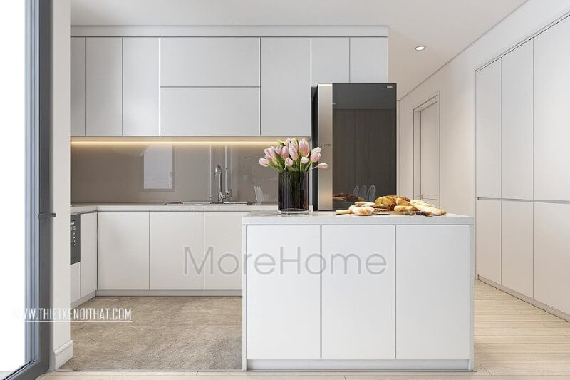 Thiết kế nội thất bếp chung cư, căn hộ hiện đại được quây gọn gàng thành một khu riêng biệt vẫn đảm bảo tính đồng nhất cho cả không gian Nội thất phòng bếp