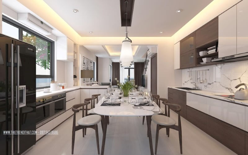 Phòng bếp hiện đại độc đáo với nội thất gỗ óc chó chủ điểm nhấn. Nội thất phòng bếp