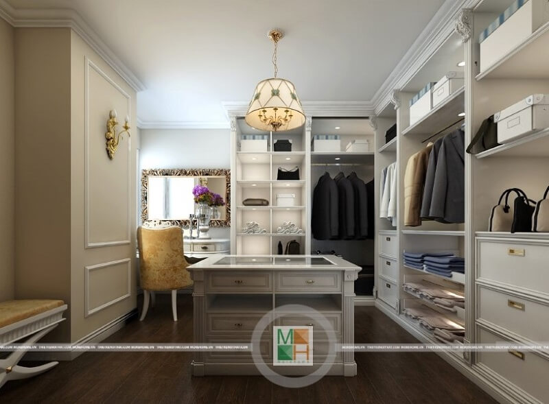 Thiết kế nội thất phòng thay đồ cho căn hộ chung cư Mandarin đẹp với tông màu trắng chủ đạo . Thiết kế chung cư
