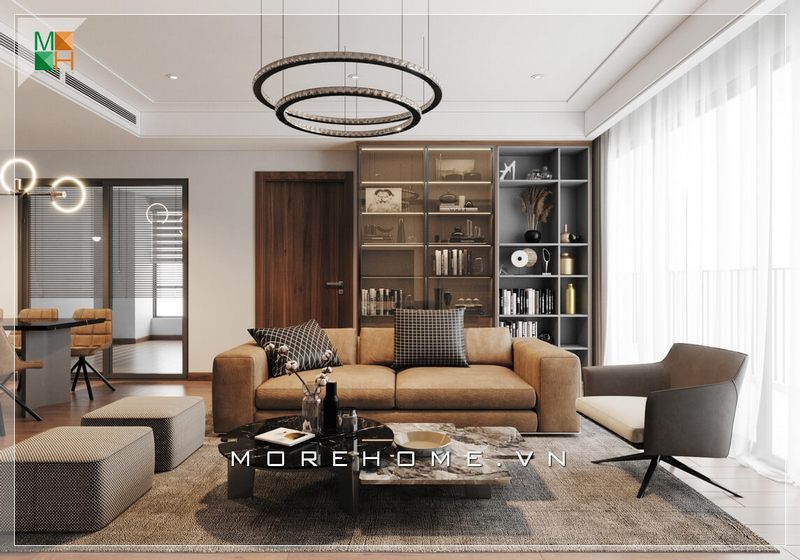 Sự pha trộn độc đáo giữa ghế sofa văng cùng ghế sofa đơn và đôn sofa, kết hợp cùng bàn trà chân kim loại mặt đá nhân tạo cao cấp mang đến không gian phòng khách trẻ trung hiện đại cho chung cư, nhà phố, biệt thự