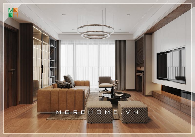 Sự kết hợp hài hòa giữa sofa văng bọc da màu cam với ghế đơn và đôn sofa bọc nỉ màu nâu mang đến sự trẻ trung hiện đại cho không gian phòng khách