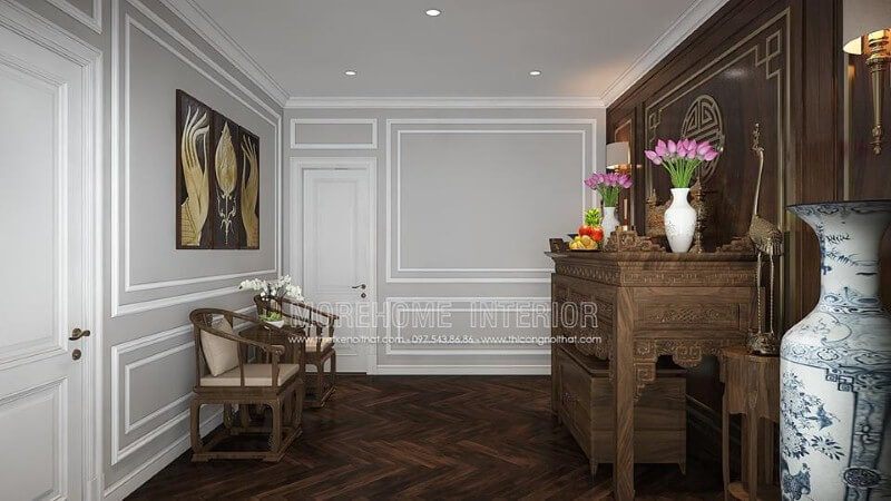 Thiết kế nội thất phòng thờ hiện đại, đẹp từ tủ thờ, vách cnc, gỗ ốp, sàn, ghế gỗ óc chó cao cấp.