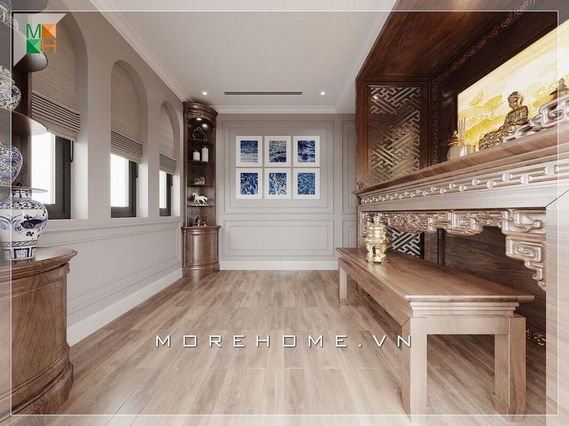 Thiết kế ấn tượng với họa tiết bàn thờ và kệ được đặt hai góc phòng điều khắc sắc xảo, chất liệu gỗ tự nhiên óc chó cao cấp sang trọng.