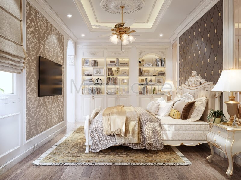 Cách bố trí nội thất như giường ngủ, tủ kệ ti vi, kệ tủ sách, giấy dán tường...hợp lí mang lại sự sang trọng và tiện nghi nhất cho gia chủ