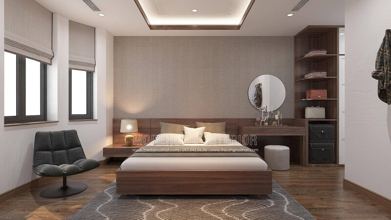 Bạn là người ưa thích phong cách hiện đại, sự đơn giản nhưng đẹp và sang, có thể gam màu nâu trầm cùng phối cảnh nhẹ nhàng sẽ là một gợi ý không nên bỏ qua trong không gian phòng ngủ của bạn. Bạn có thể tham khảo toàn cảnh thiết kế nội thất tại website:thietkenoithat.com