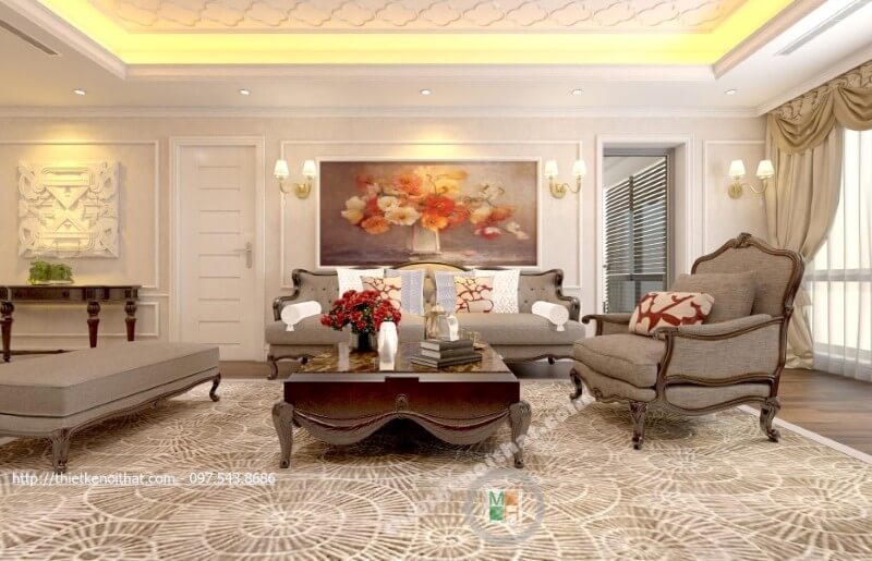 Sofa đẹp sự phá cách trong thiết kế với chiếc ghế dài lưng tựa kê sát tường với 1 chiếc ghế bành nhỏ hơn có lưng tựa, tay vịn cùng 1 chiếc ghế đơn không lưng tựa, không tay vịn.