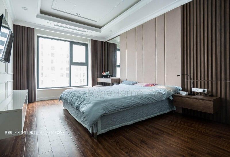 Giường ngủ gỗ công nghiệp được thi công tỷ mỷ, kiểu dáng hiện đại phù hợp với không gian