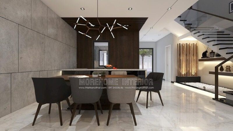 Trang trí phòng ăn ấn tượng với thiết kế bộ bàn ghế hiện đại dành cho tối đa 7 thành viên: những chiếc ghế khác nhau chuyển tone, bàn găn gỗ nguyên khối với ánh sáng đèn độc đáo.