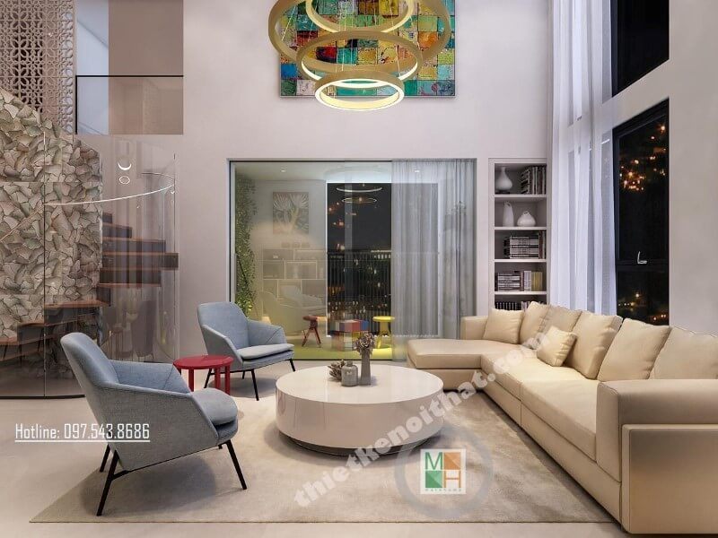 Thiết kế nội thất phòng khách chung cư với chất liệu tối giản như gỗ công nghiệp, kính cường lực... vẫn đảm bảo tính tiện nghi cho gia chủ, đồng thời mang đến cảm giác cơi nới, rộng rãi, thống nhất, vừa đảm bảo tính thẩm mỹ cho không gian