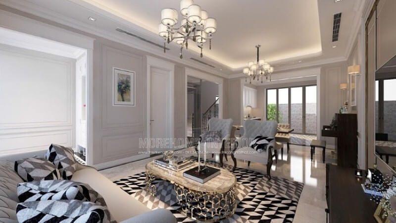 Thiết kế nội thất phòng khách thoáng mát và sang chảnh với mẫu đồ nội thất tự nhiên màu trắng sữa kết hợp chi tiết màu đen lôi cuốn